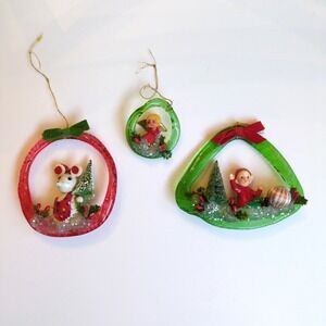 Vintage Handcrafted Glass & Plastic Christmas Ornament‎ Set - Elf, Angel, Mouse